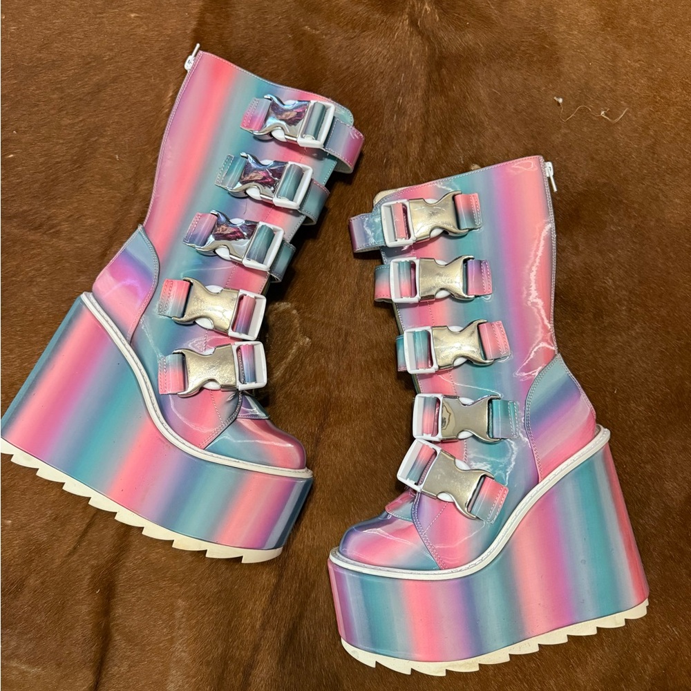 Platform Buckle Combat Boots in Pastel Rainbow